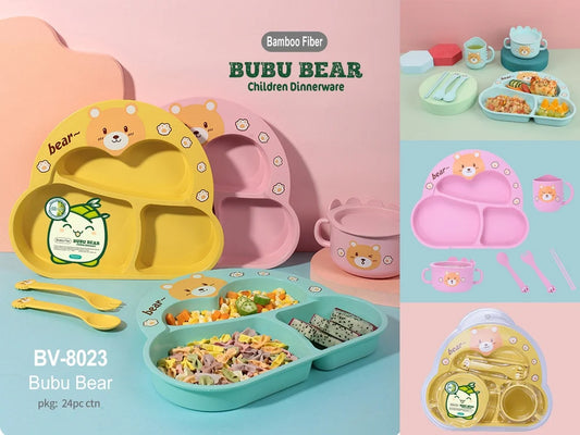 7 Piece Mealtime Bamboo Dinnerware for Kids Toddler- Bubu Bear and Kuku Cock