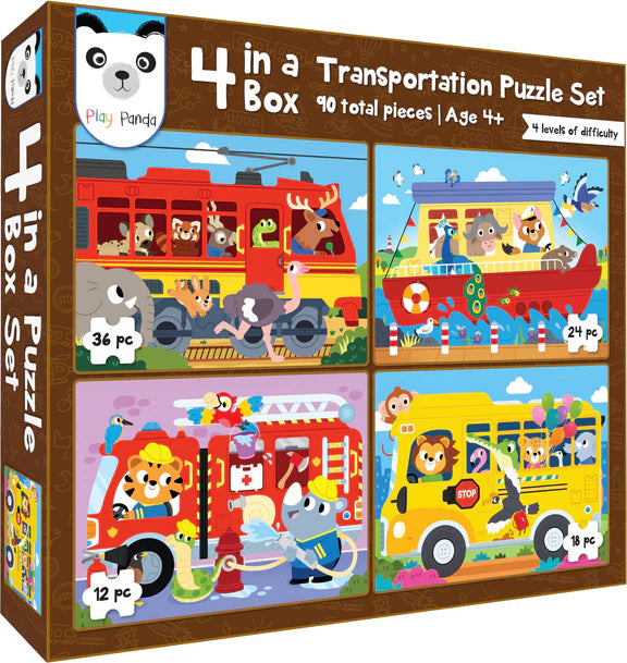 Play Panda – 4 in a Box Transportation Puzzle Set for Kids