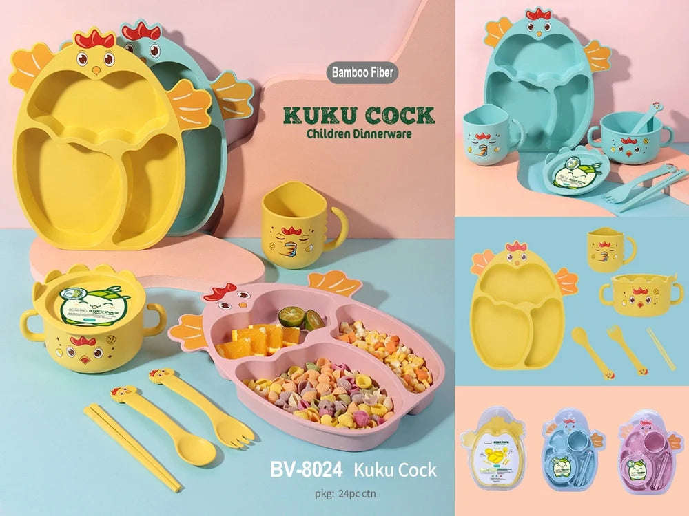 7 Piece Mealtime Bamboo Dinnerware for Kids Toddler- Bubu Bear and Kuku Cock