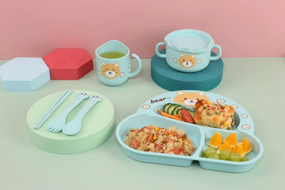 7 Piece Mealtime Bamboo Dinnerware for Kids Toddler- Bubu Bear and Kuku Cock