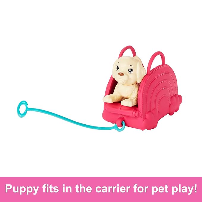 Barbie Toys, Chelsea Doll and Accessories, Travel Set with Puppy and 6 Pieces Including Pet Carrier