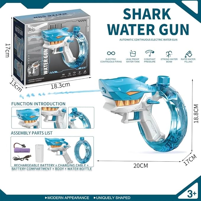 Aqua Blue - SharkBlast 3000 - High-Quality Electric Shark Water Gun Pichkari – Automatic High-Pressure Spray Gun for Kids’ Outdoor Summer Fun