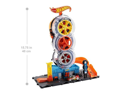 Hot Wheels City Super Twist Tire Shop™ Playset, Spin The Key to Make Cars Travel Through The Tires, Includes 1 Hot Wheels® Car