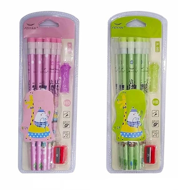 12 Pcs Unique Elephant and Giraffe Printed Design HB Pencils with Top Erasers, 1 Hand Grip and 1 Sharpner Fancy School Stationery Set for Kids, Drawing & Sketching