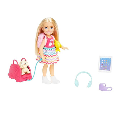 Barbie Toys, Chelsea Doll and Accessories, Travel Set with Puppy and 6 Pieces Including Pet Carrier