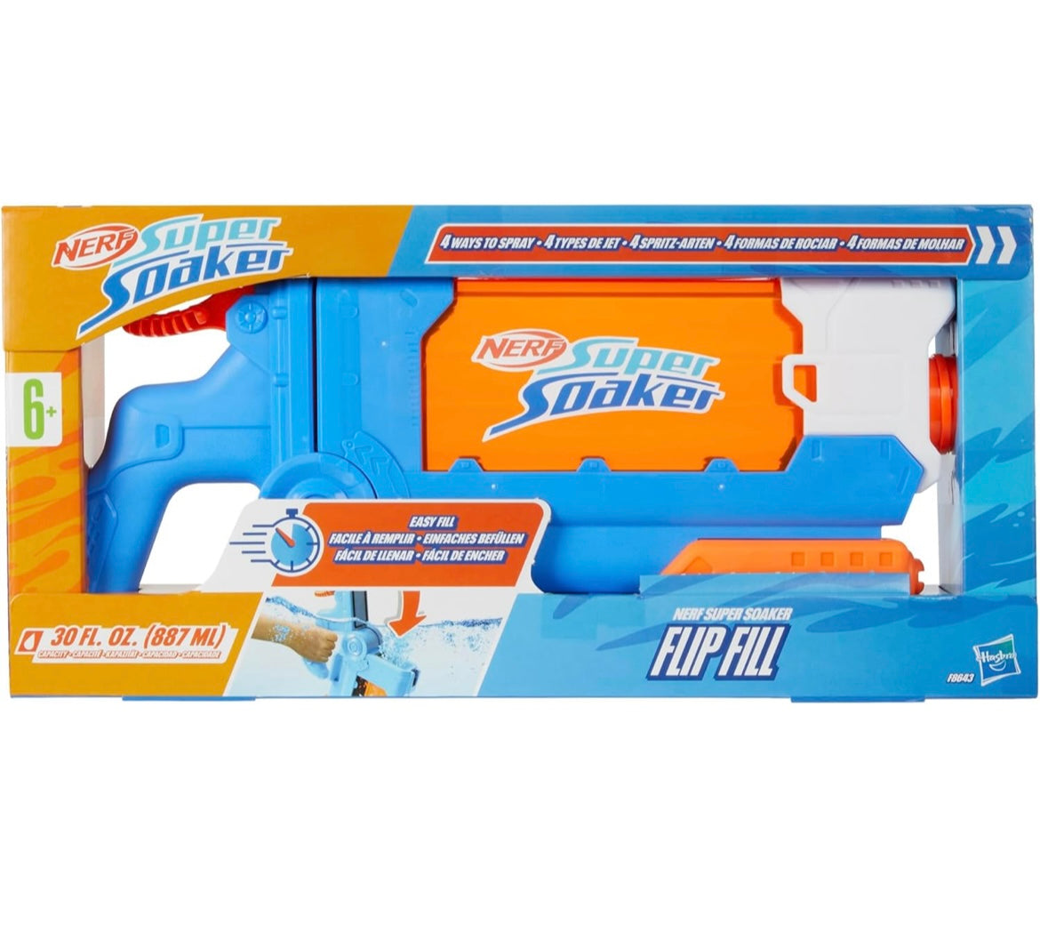 Nerf Super Soaker Flip Fill Water Blaster - 4 Spray Styles - Fast Fill - Large 890ml Water Tank - Pichkari for Outdoor Water Games, Branded Toy Pichkari for Holi Festival, for Kids 6+