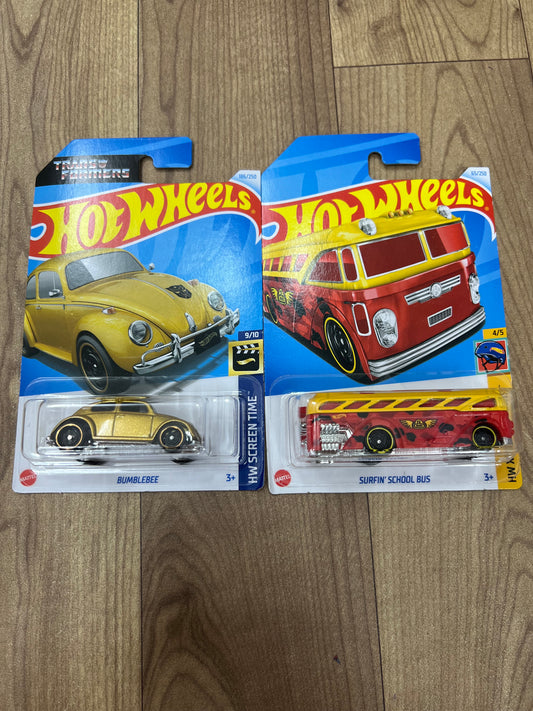 Single Hot Wheels Car- BUMBLEBEE GOLDEN  AND SINGLE HOT WHEELS CAR SURFIN SCHOOL BUS