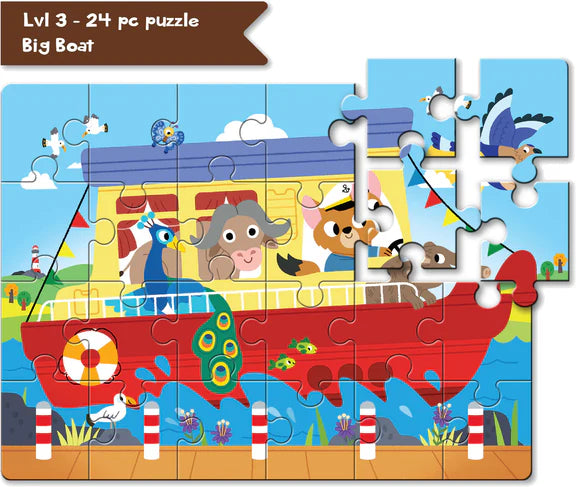 Play Panda – 4 in a Box Transportation Puzzle Set for Kids