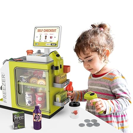 Toy Cash Register Coffee Machine Toys 2 in 1 Play Food for Kids Pretend Play Grocery Store Kids Store Supermarket Playset