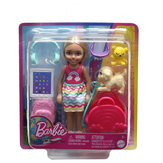 Barbie Toys, Chelsea Doll and Accessories, Travel Set with Puppy and 6 Pieces Including Pet Carrier