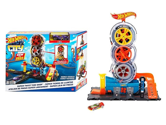 Hot Wheels City Super Twist Tire Shop™ Playset, Spin The Key to Make Cars Travel Through The Tires, Includes 1 Hot Wheels® Car