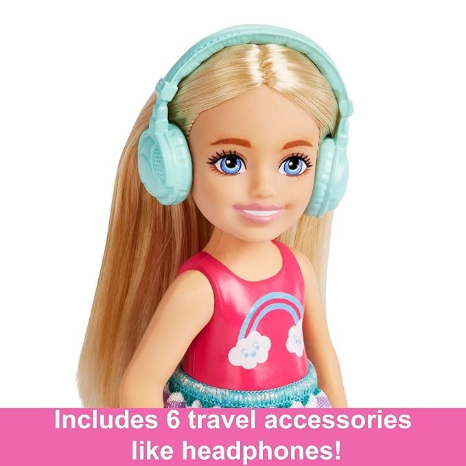 Barbie Toys, Chelsea Doll and Accessories, Travel Set with Puppy and 6 Pieces Including Pet Carrier