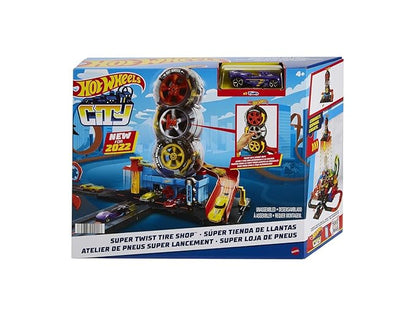 Hot Wheels City Super Twist Tire Shop™ Playset, Spin The Key to Make Cars Travel Through The Tires, Includes 1 Hot Wheels® Car