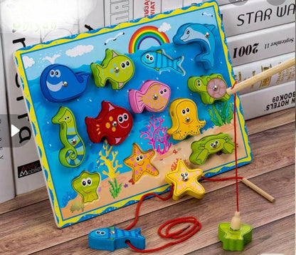 Maestro Toys - Magnetic Wooden Fishing Board with Base Image | Lacing Toy | Magnetic Fishing 3D Puzzle Game | One Piece Puzzle | Montessori Toy | Learning and Activity Toy for Kids