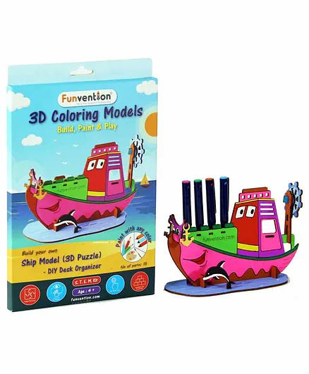 Funvention Ship - 3D Coloring Model - DIY Desk Organizer Pen Stand - STEM Leanring 3D Puzzle Toy