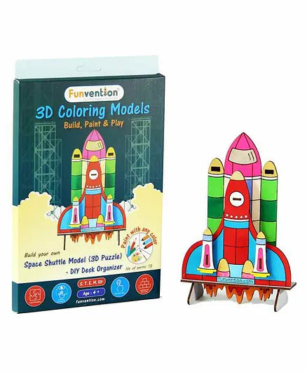 Funvention Space Shuttle - 3D Coloring Model - DIY Desk Organizer Pen Stand - STEM Learning 3D Puzzle Toy - Art, Coloring and Painting Kit for Kids