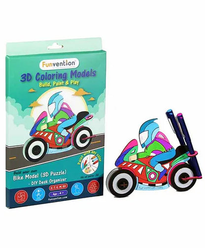 Funvention Bike - 3D Coloring Model - DIY Desk Organizer Pen Stand - STEM Leanring 3D Puzzle Toy - Art, Coloring and Painting Kit for Kids