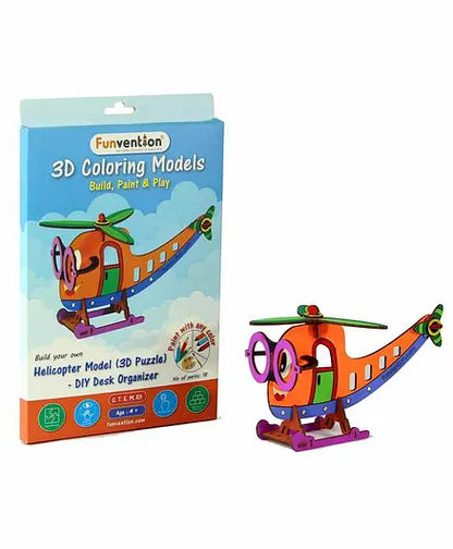Funvention Helicopter - 3D Coloring Model - DIY Desk Organizer Pen Stand - STEM Leanring 3D Puzzle Toy -Art, Coloring and Painting Kit for Kids