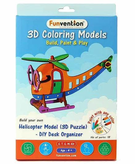 Funvention Helicopter - 3D Coloring Model - DIY Desk Organizer Pen Stand - STEM Leanring 3D Puzzle Toy -Art, Coloring and Painting Kit for Kids