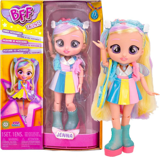 Cry Babies BFF Talents Series Jenna Doll with Long Hair, Fabric Clothes and 9 Accessories – Model Doll Toy Gift for Kids - Multicolor