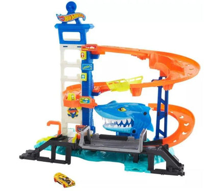 Hot Wheels Track Set And 1:64 Scale Toy Car, City Shark Escape, Multi-Level Playset