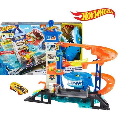 Hot Wheels Track Set And 1:64 Scale Toy Car, City Shark Escape, Multi-Level Playset