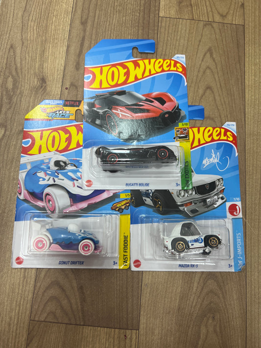 Single Hot Wheels Car-BUGATTI BOLIDE and single Hot Wheels Car DONUT DRIFTER AND MAZDA RX-3