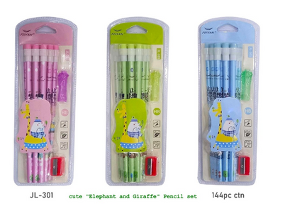 12 Pcs Unique Elephant and Giraffe Printed Design HB Pencils with Top Erasers, 1 Hand Grip and 1 Sharpner Fancy School Stationery Set for Kids, Drawing & Sketching