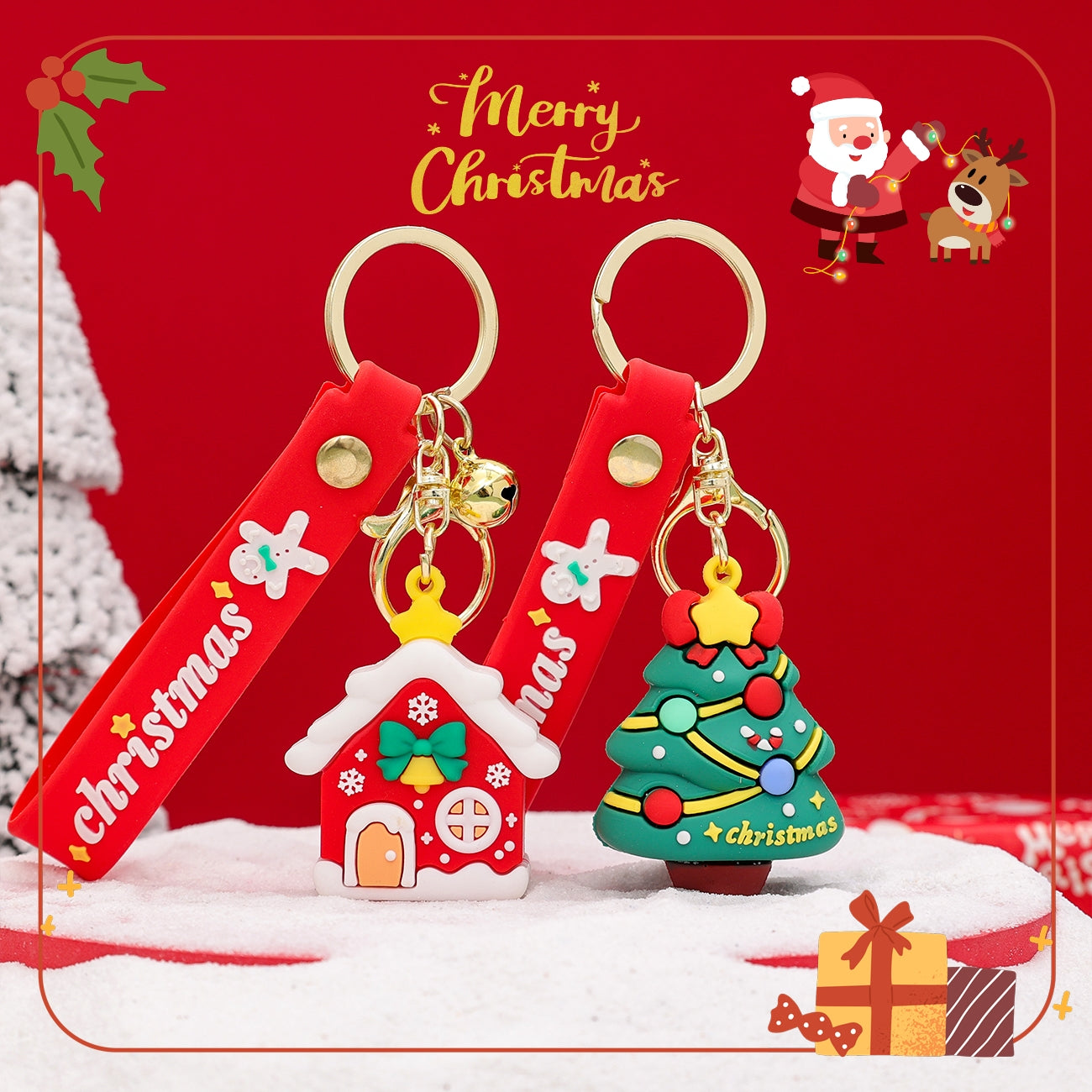 Premium Quality 3D Christmas Keychain with (Self Adhesive Hook) (Pack of 2 )(Random Design)