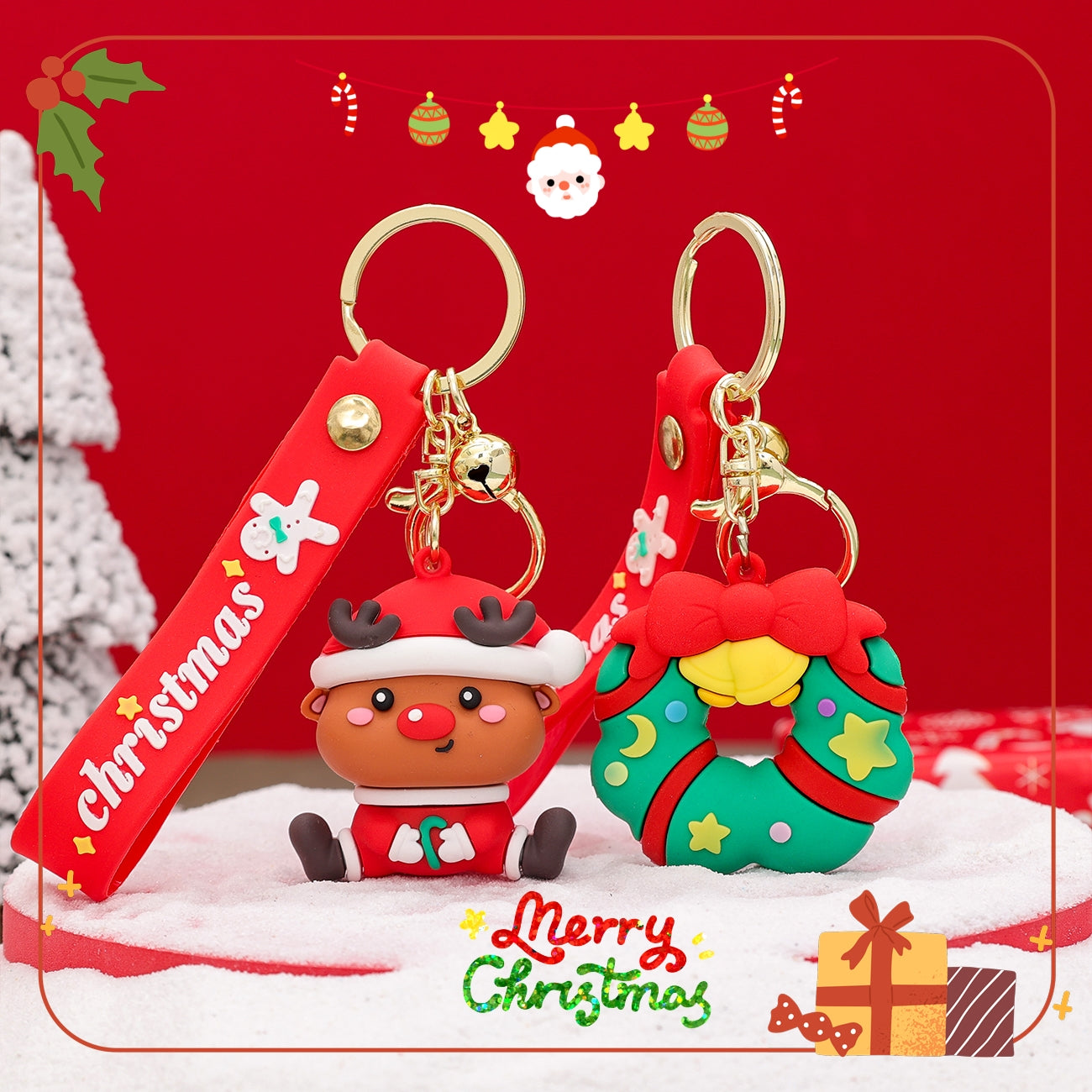 Premium Quality 3D Christmas Keychain with (Self Adhesive Hook) (Pack of 2 )(Random Design)